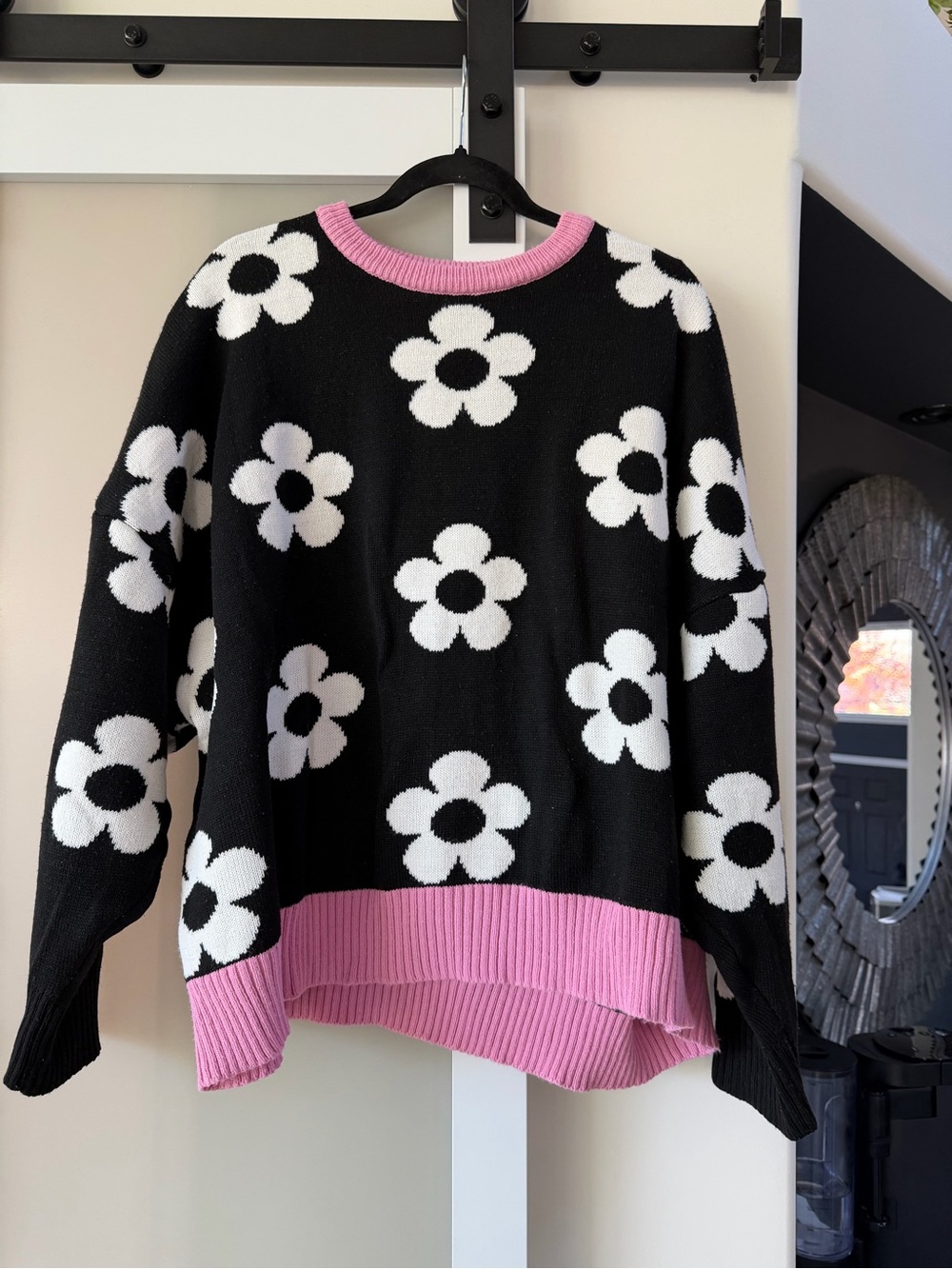 Black Floral Knit Sweater with Pink Trim